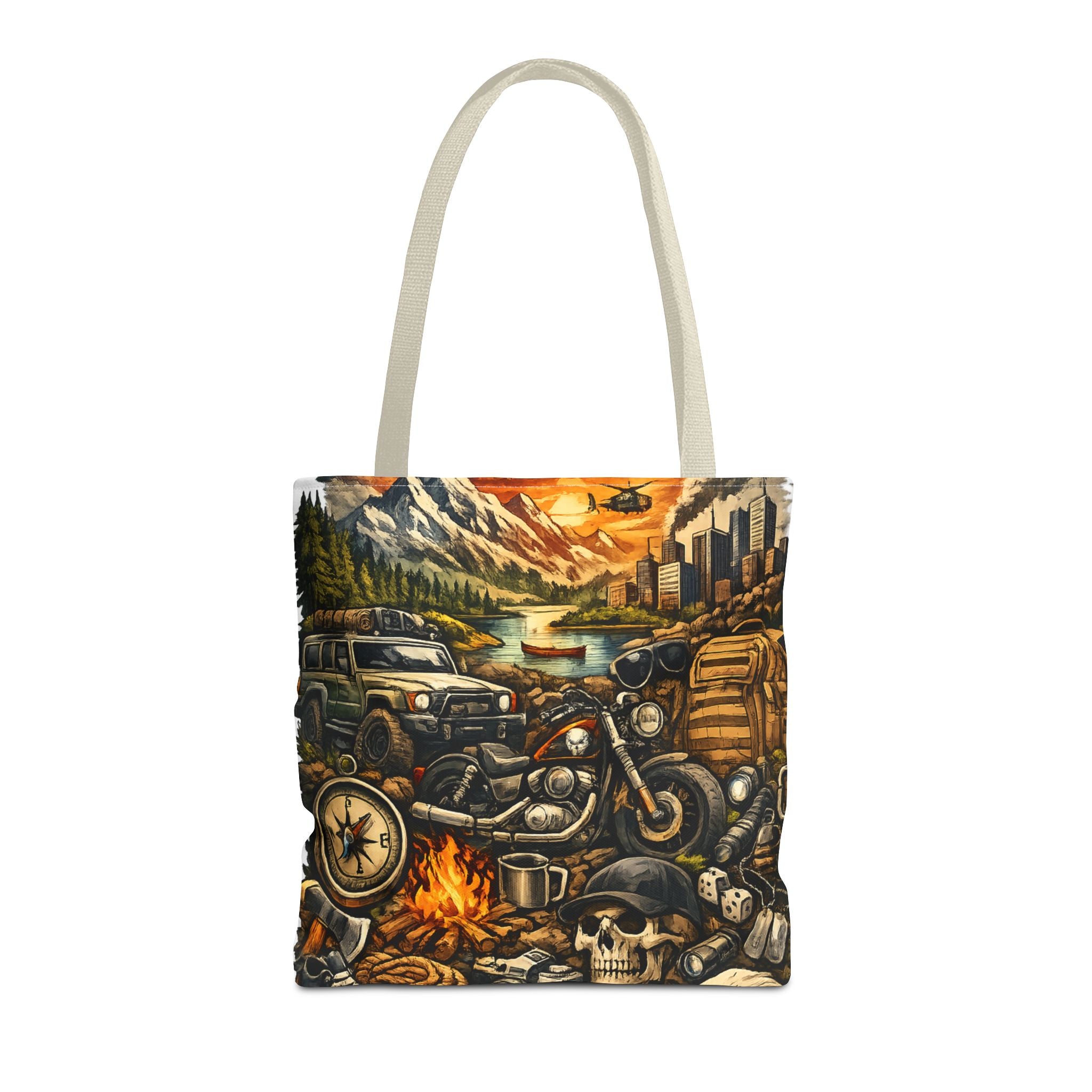 Adventure Motorcycle Tote Bag — Campfire Road Trip All-Over Print