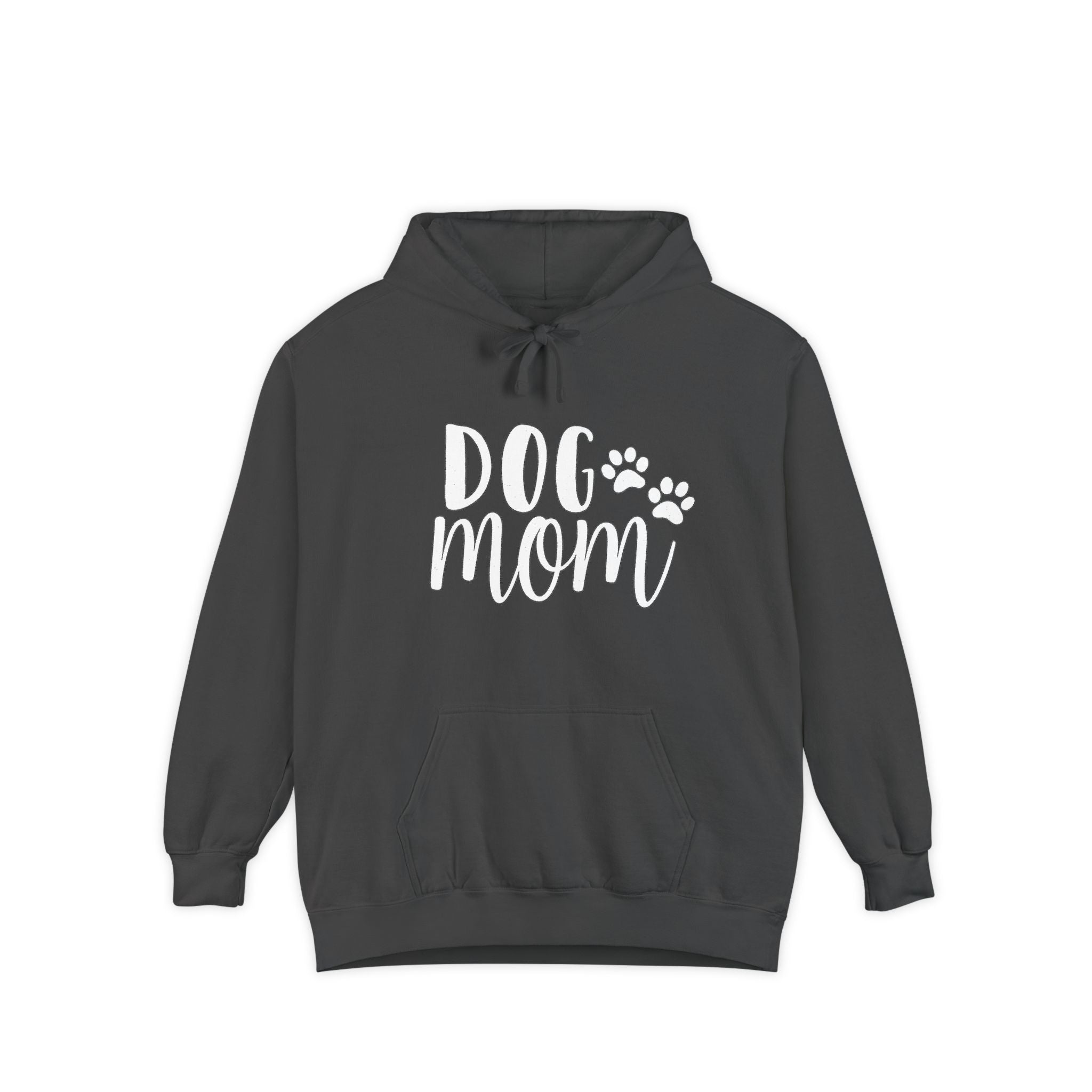 Dog Mom Hoodie — Cozy Garment-Dyed Pullover with Paw Print Script