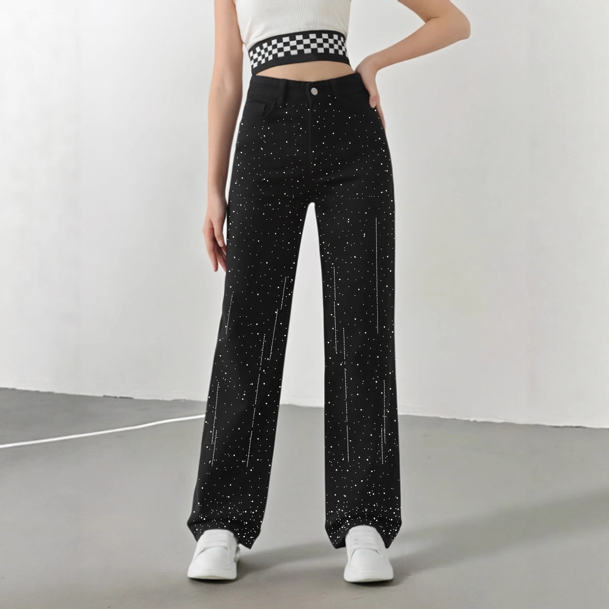 Jeans with Rhinestones Women High Waist Slimming Wide Leg Jeans  Jeans