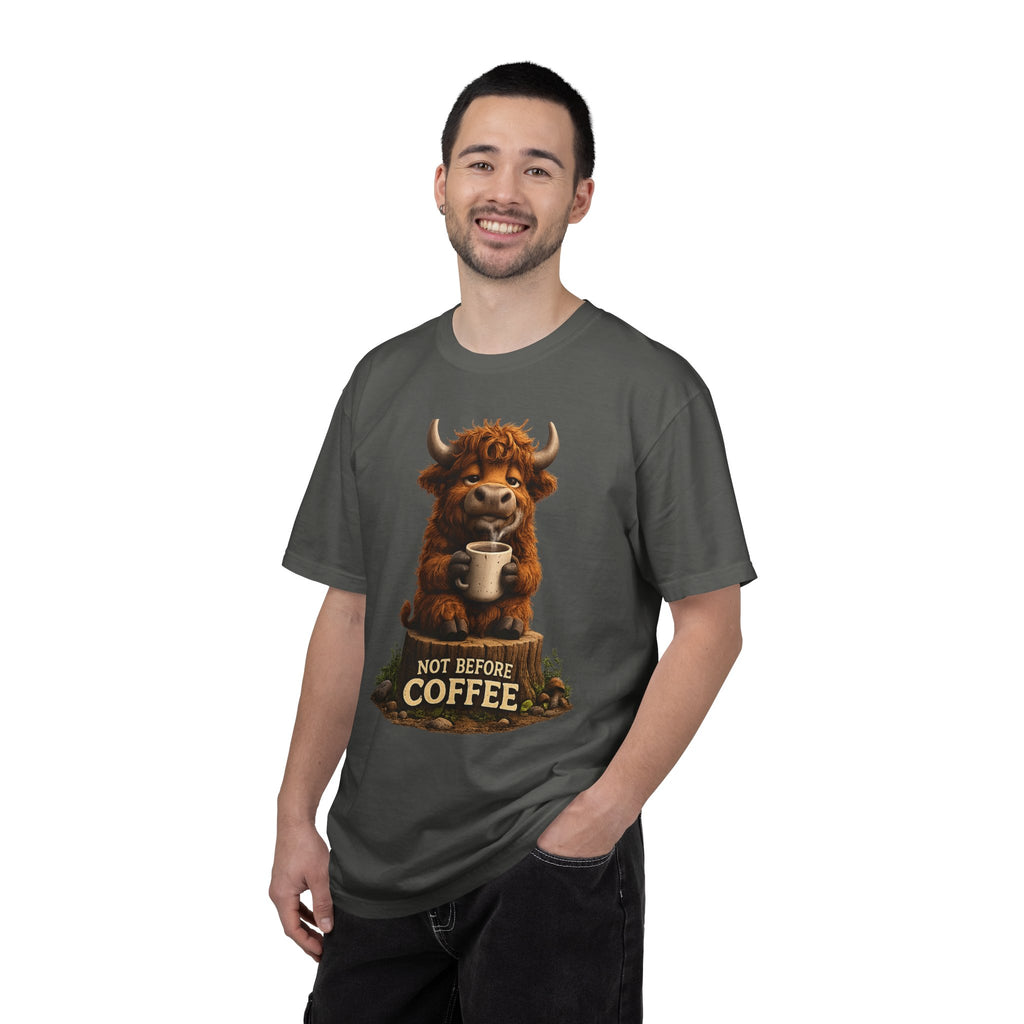 T-Shirt — Cute Highland Cow 'Not Before Coffee' Graphic Tee