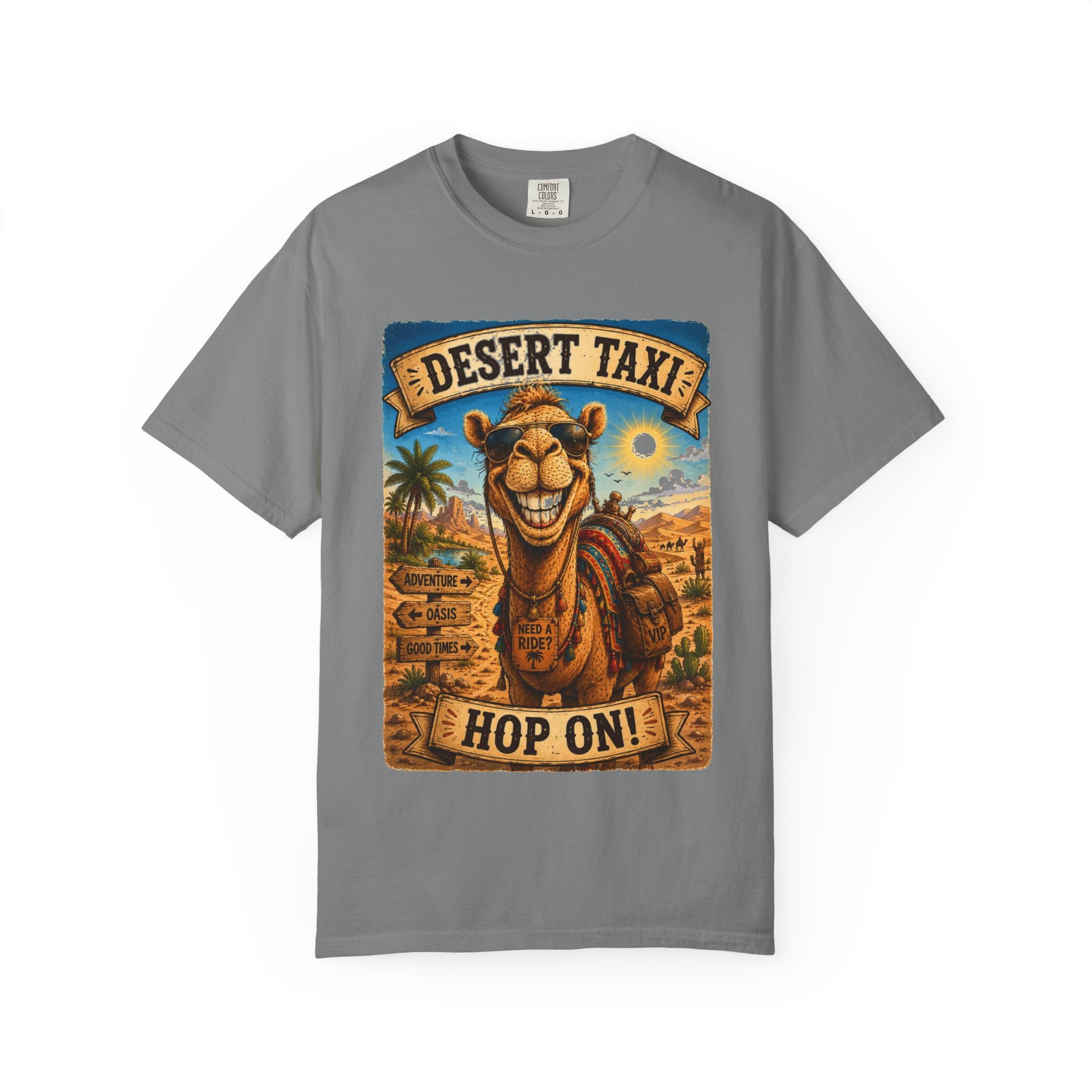 Desert Taxi Camel T-Shirt — 'Hop On!' Retro Desert Travel Tee