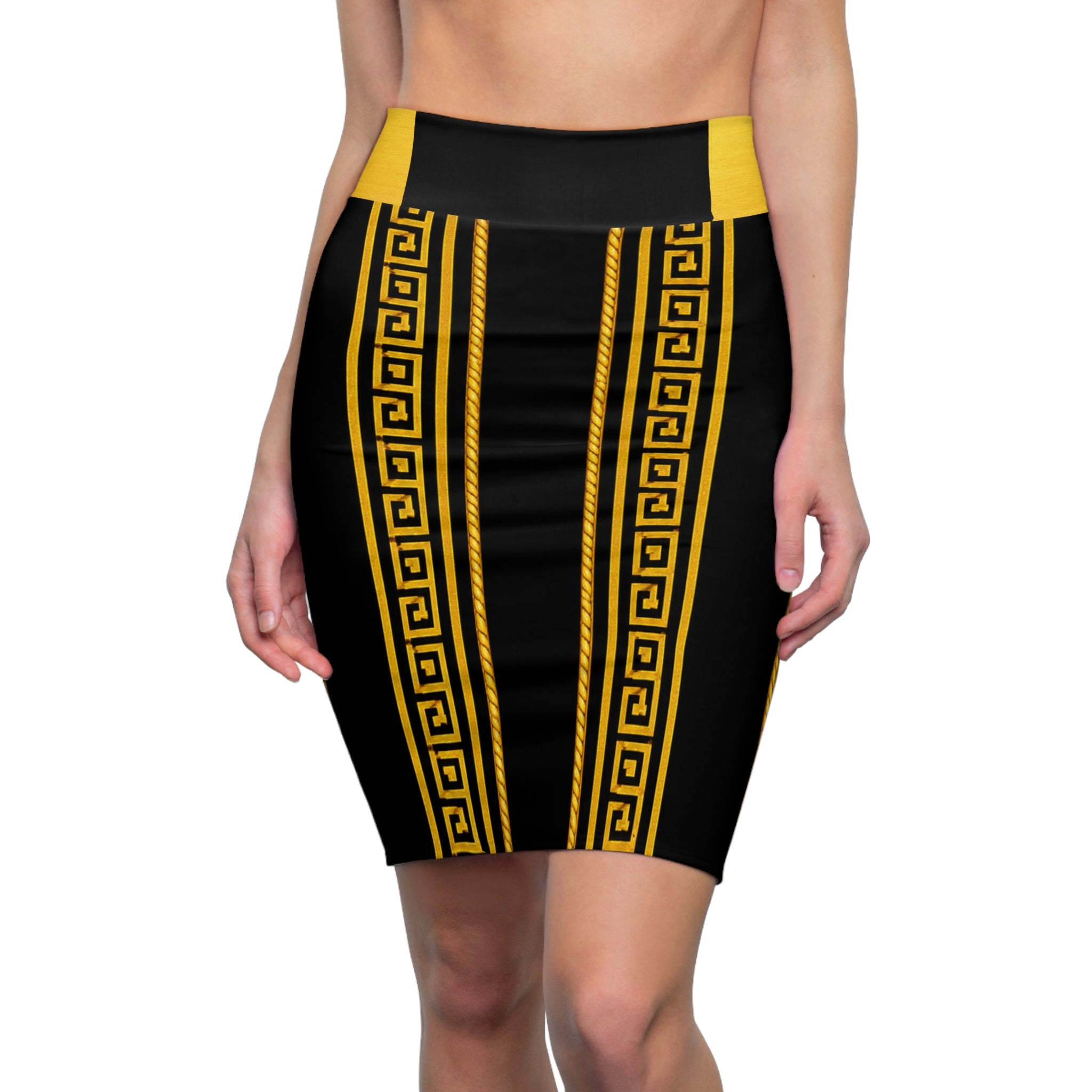 Gold Greek Key Pencil Skirt — Black & Yellow Statement Midi