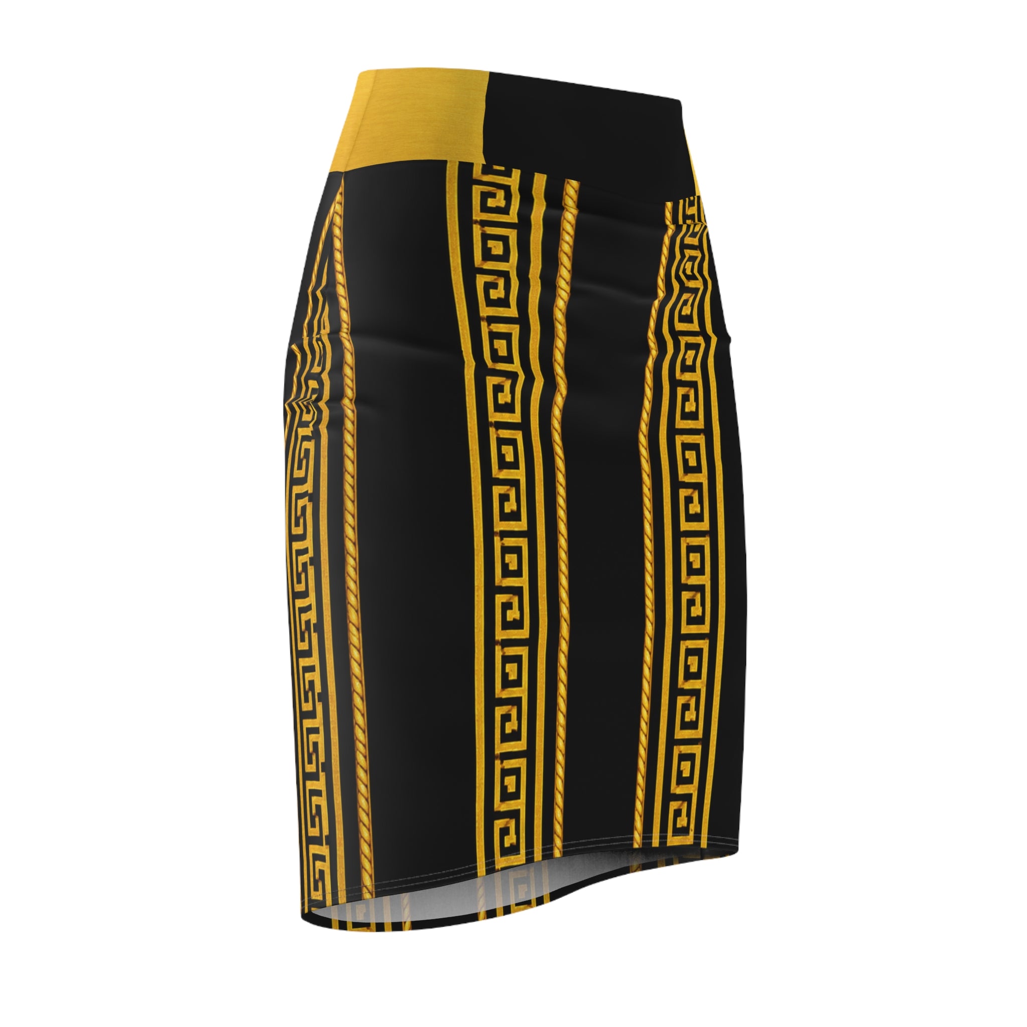 Gold Greek Key Pencil Skirt — Black & Yellow Statement Midi
