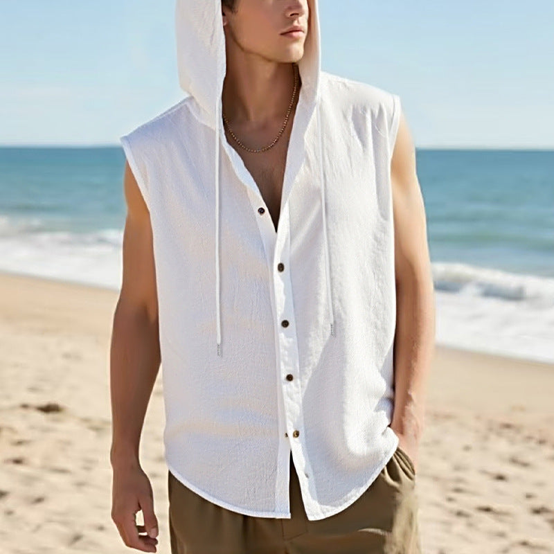 Casual Sleeveless Hooded Linen Vest for Men Breathable Solid ColorSummer Fashion