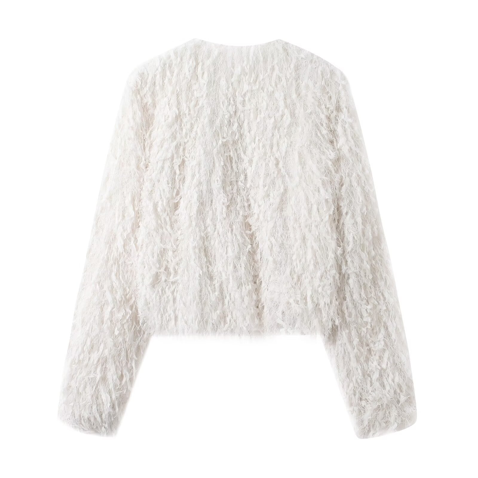 Round neck long sleeved feathered metal wire white jacket for women
