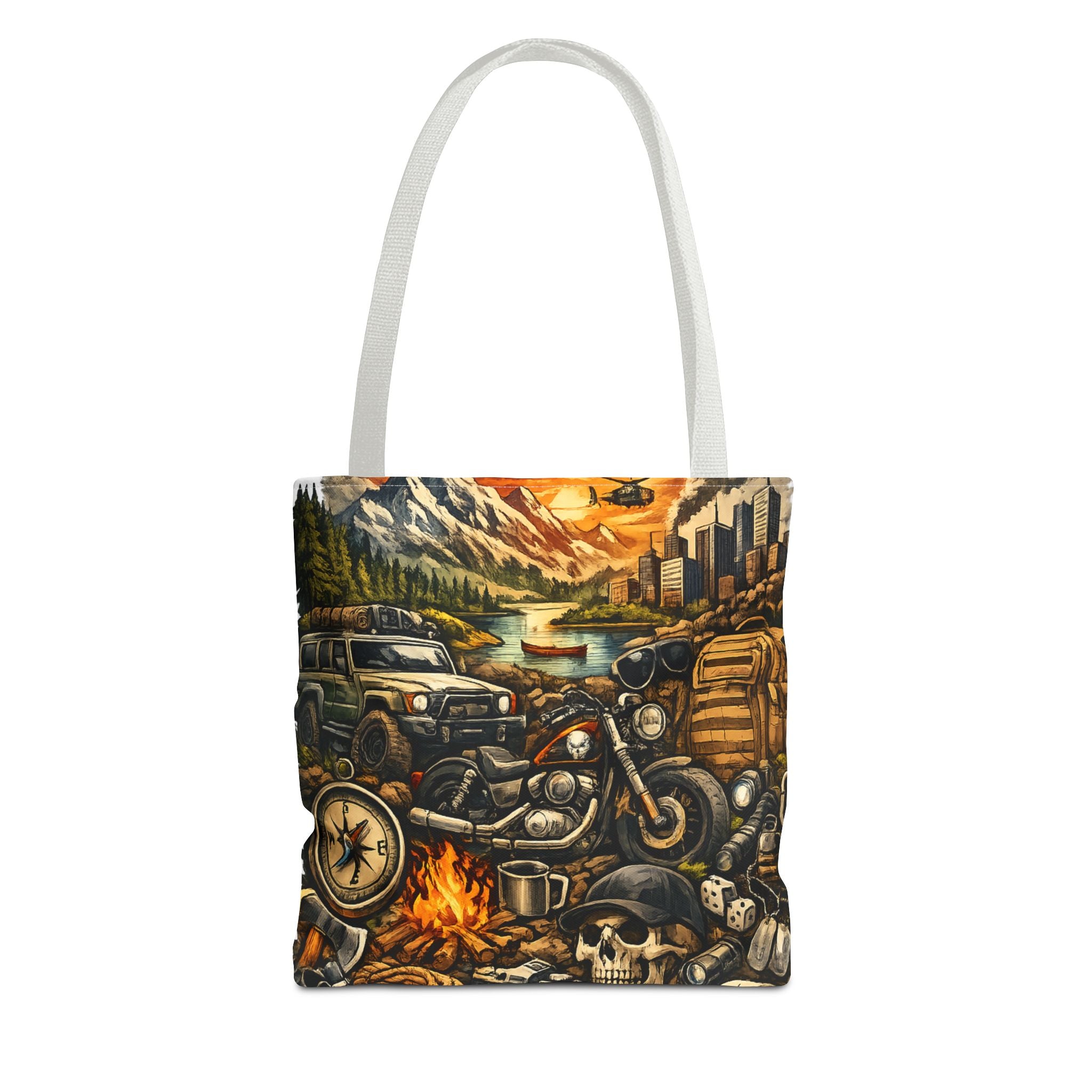 Adventure Motorcycle Tote Bag — Campfire Road Trip All-Over Print