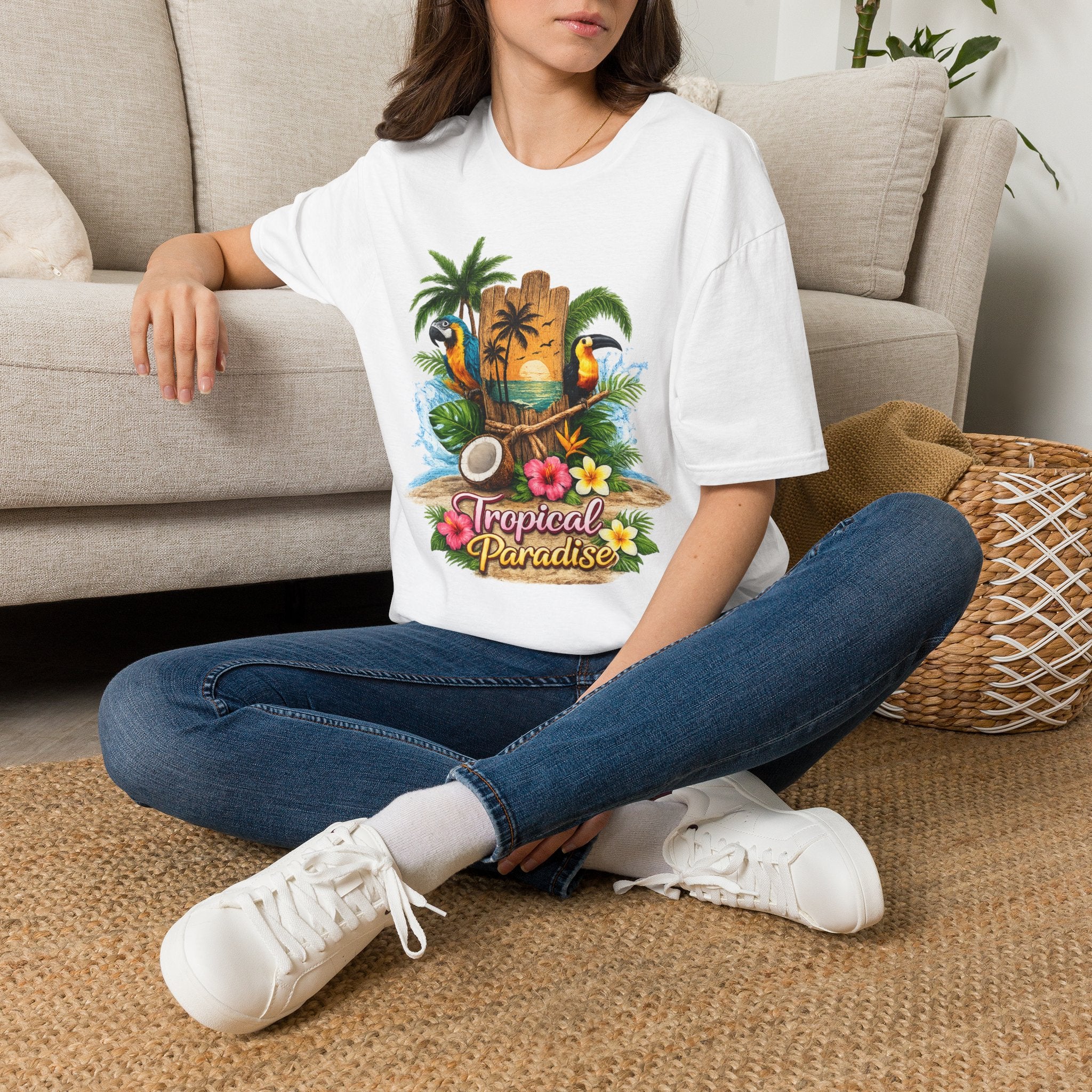 T-Shirt — Tropical Paradise Parrots Beach Graphic Tee