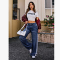Elastic Wide-Leg Blue Jeans with White Stripe Bow Pattern, Domestic First and Second Tier Brand