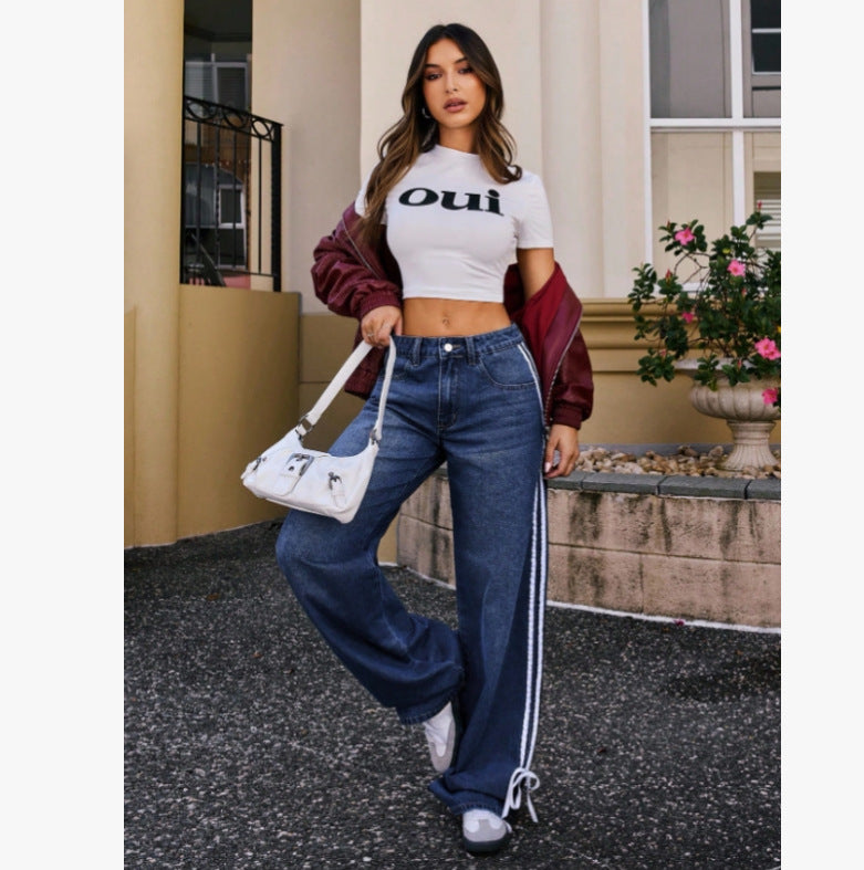 Elastic Wide-Leg Blue Jeans with White Stripe Bow Pattern, Domestic First and Second Tier Brand