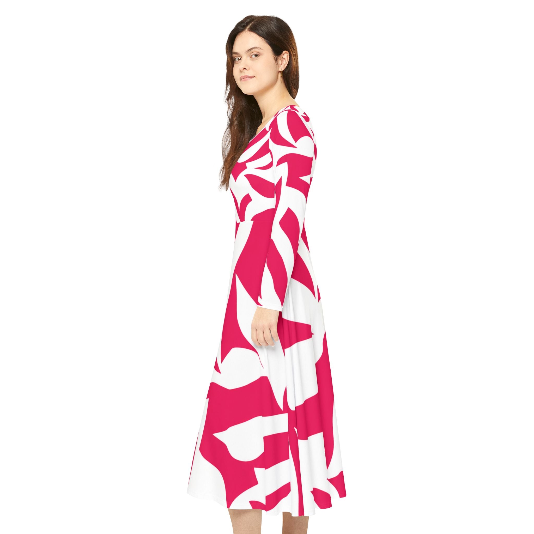 Pink Abstract Floral Dance Dress — Women's Long Sleeve Twirl Dress