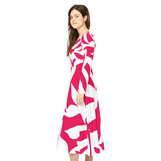 Pink Abstract Floral Dance Dress — Women's Long Sleeve Twirl Dress