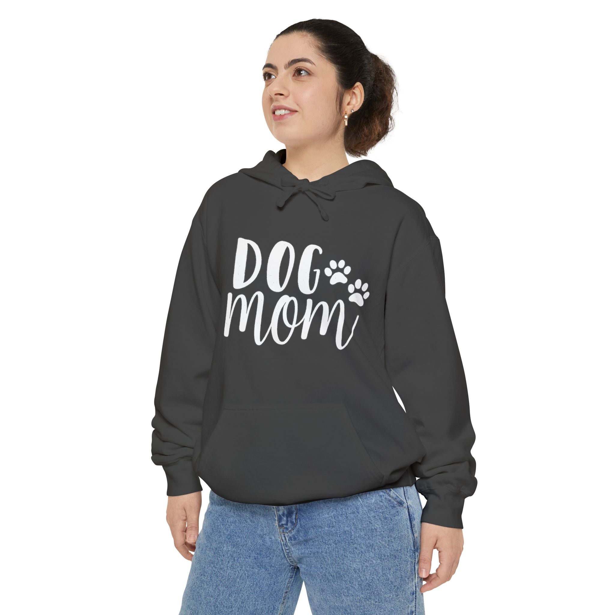 Dog Mom Hoodie — Cozy Garment-Dyed Pullover with Paw Print Script