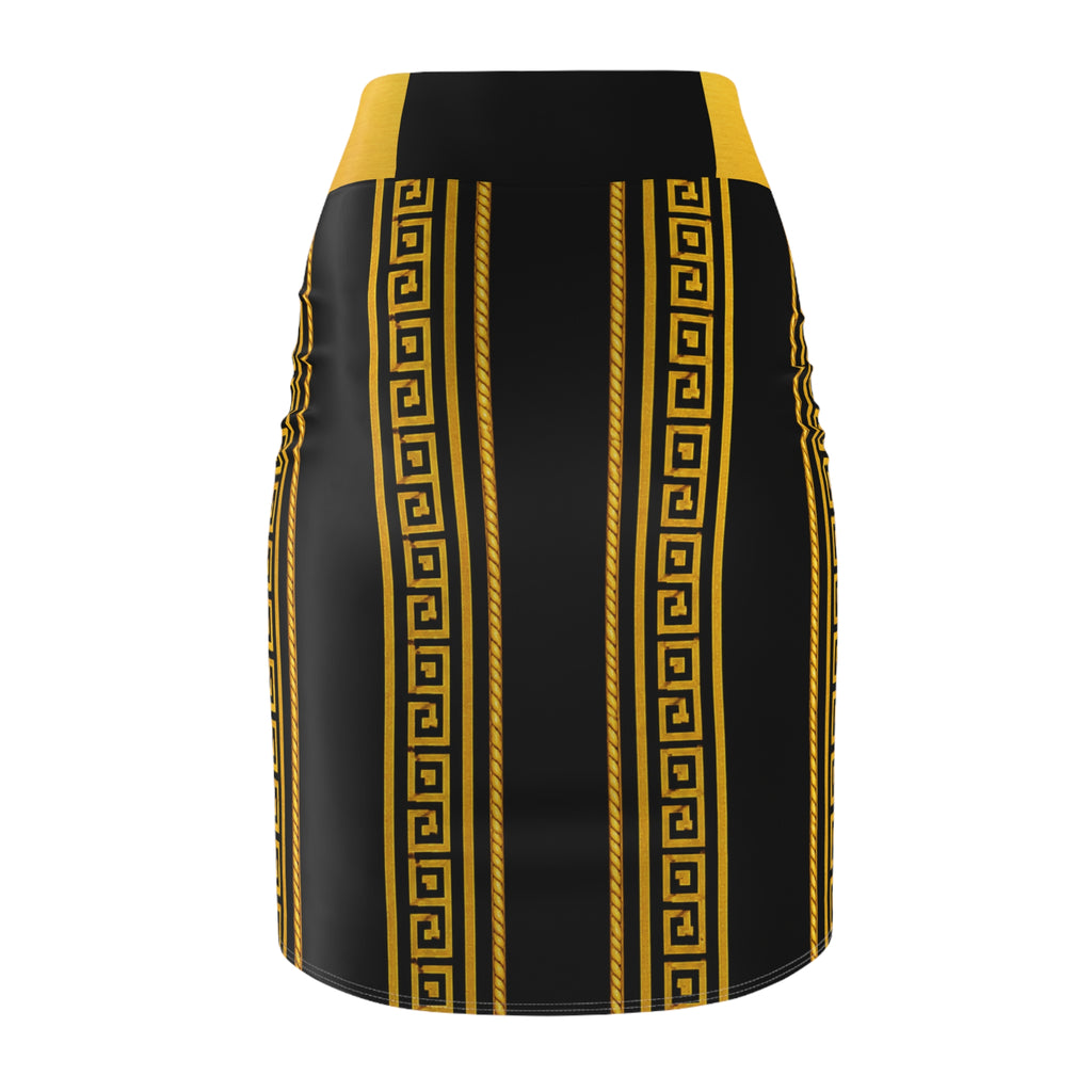 Gold Greek Key Pencil Skirt — Black & Yellow Statement Midi