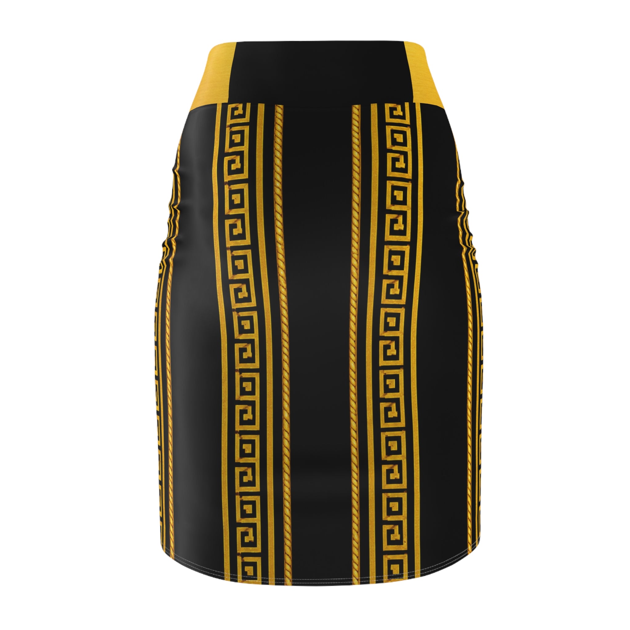 Gold Greek Key Pencil Skirt — Black & Yellow Statement Midi