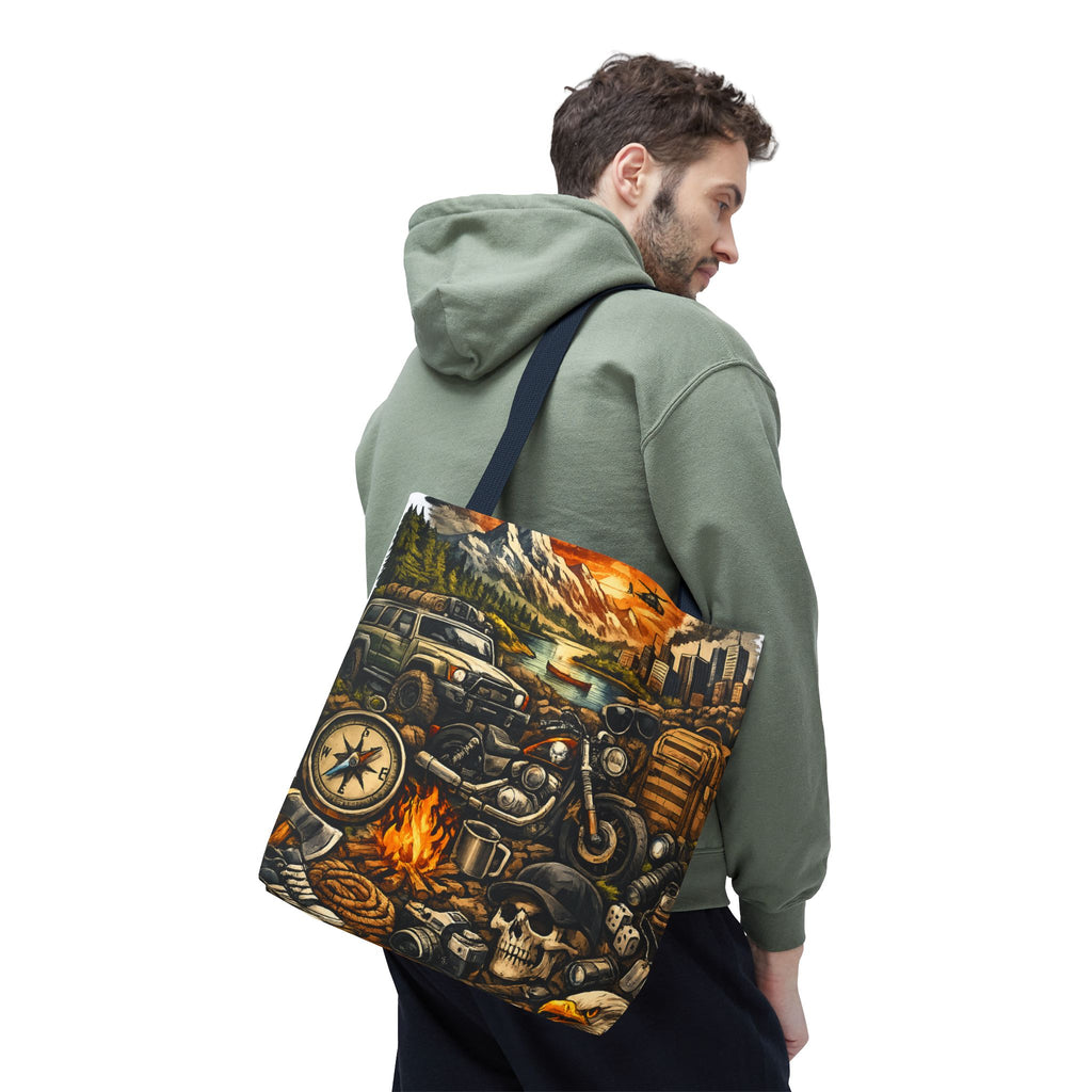 Adventure Motorcycle Tote Bag — Campfire Road Trip All-Over Print