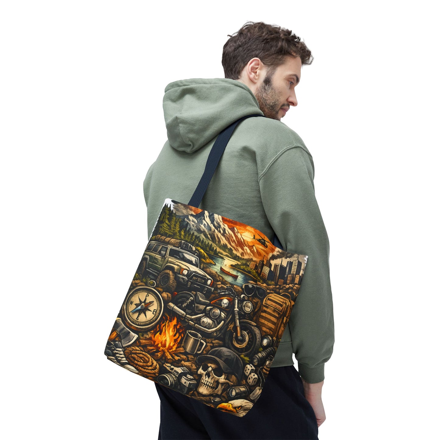 Adventure Motorcycle Tote Bag — Campfire Road Trip All-Over Print