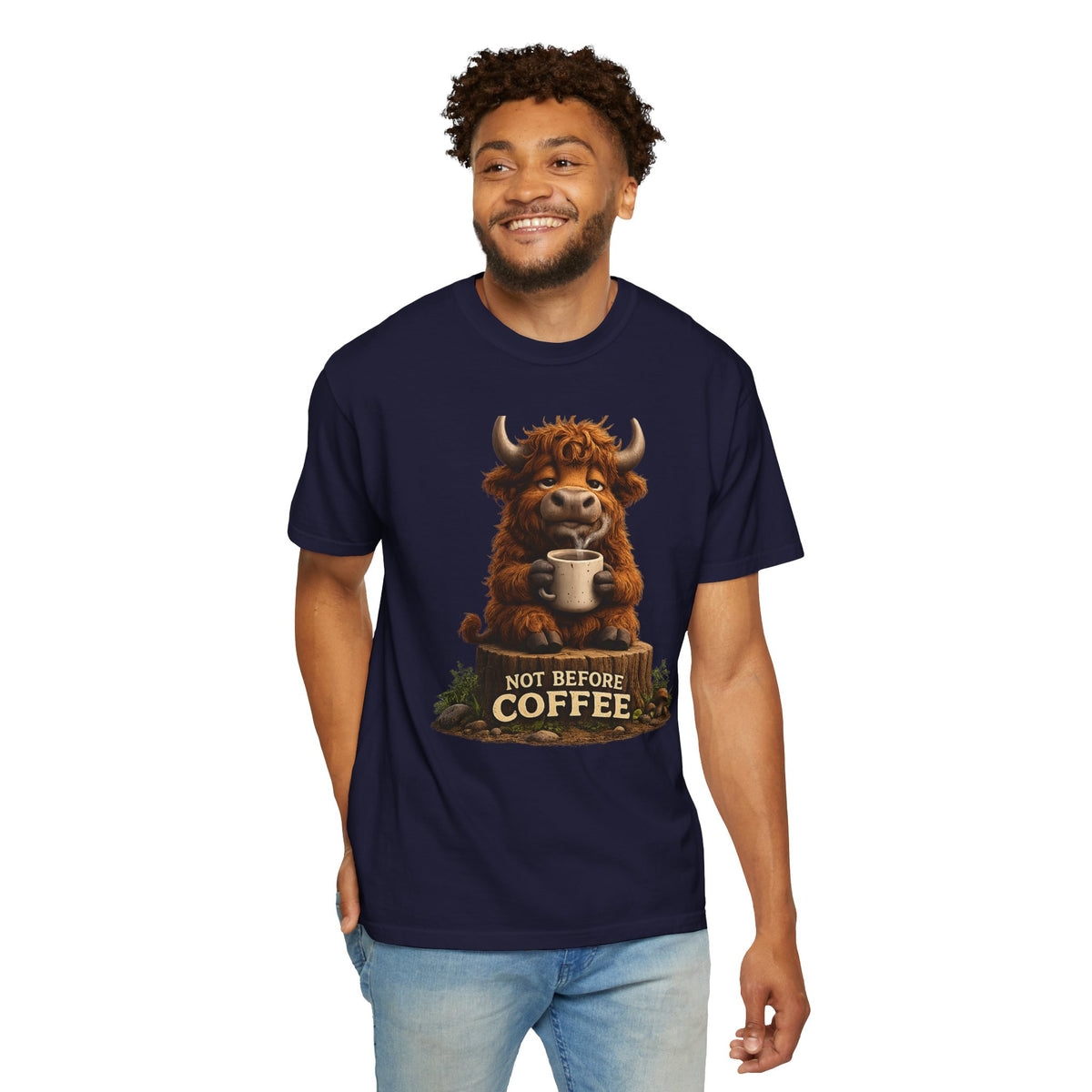 T-Shirt — Cute Highland Cow 'Not Before Coffee' Graphic Tee