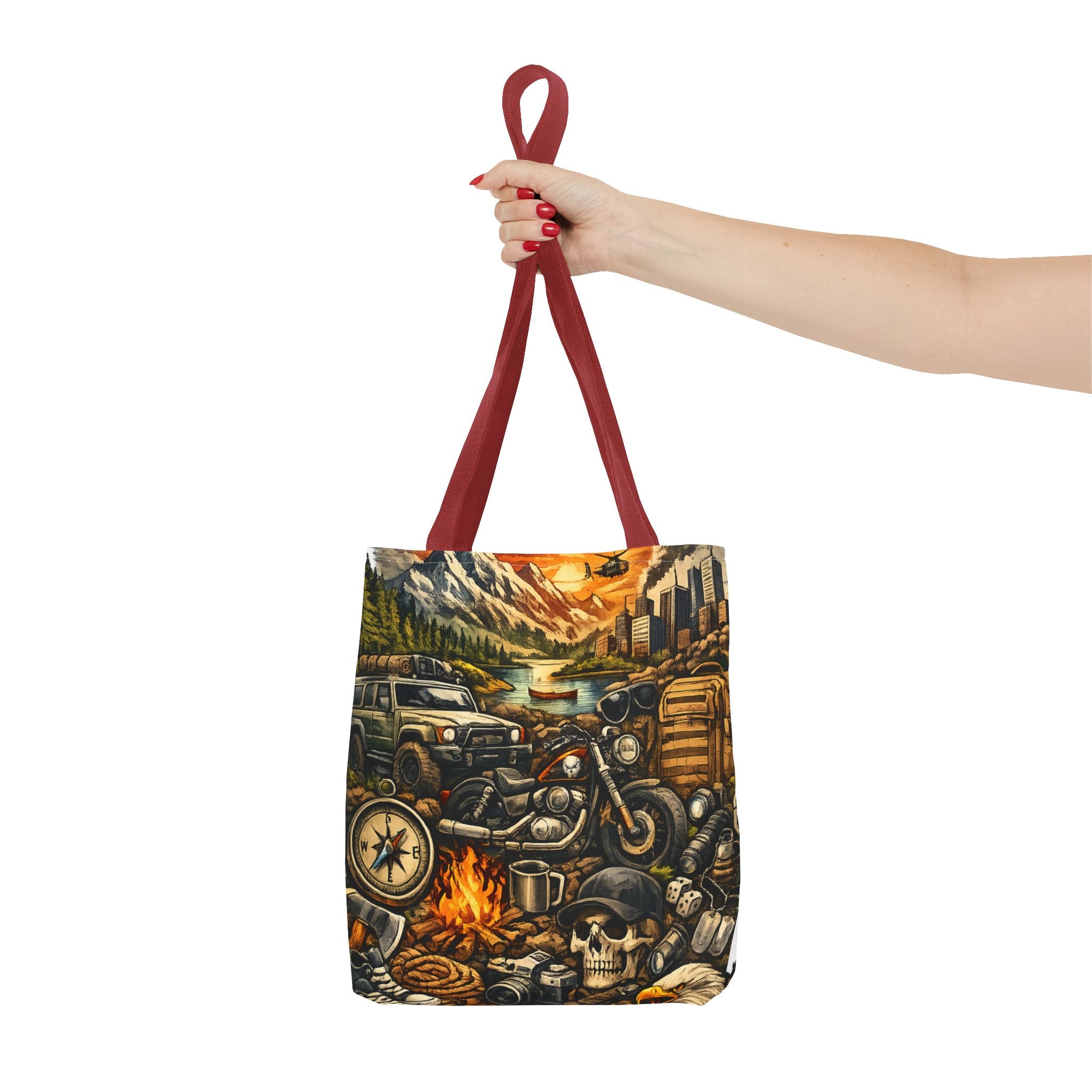 Adventure Motorcycle Tote Bag — Campfire Road Trip All-Over Print