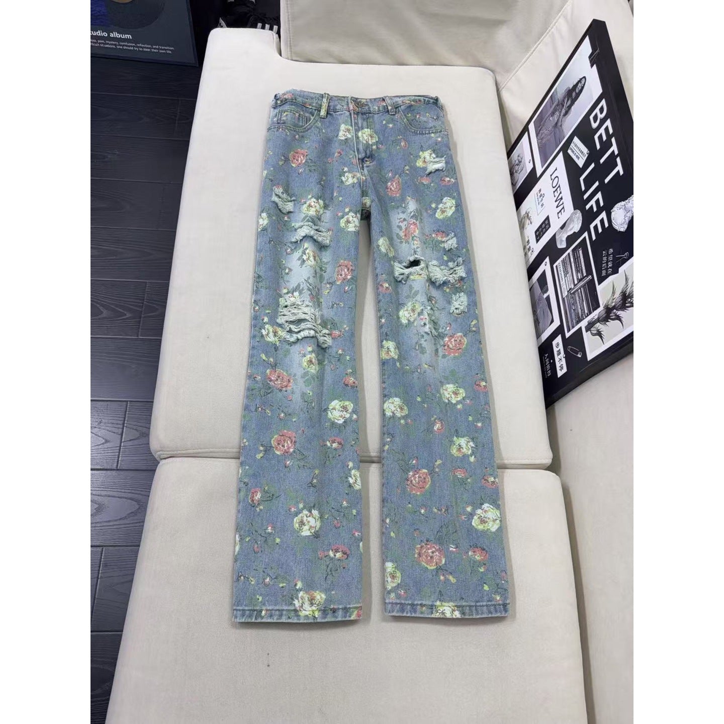 All-Over Floral Ripped Jeans for Men and Women
