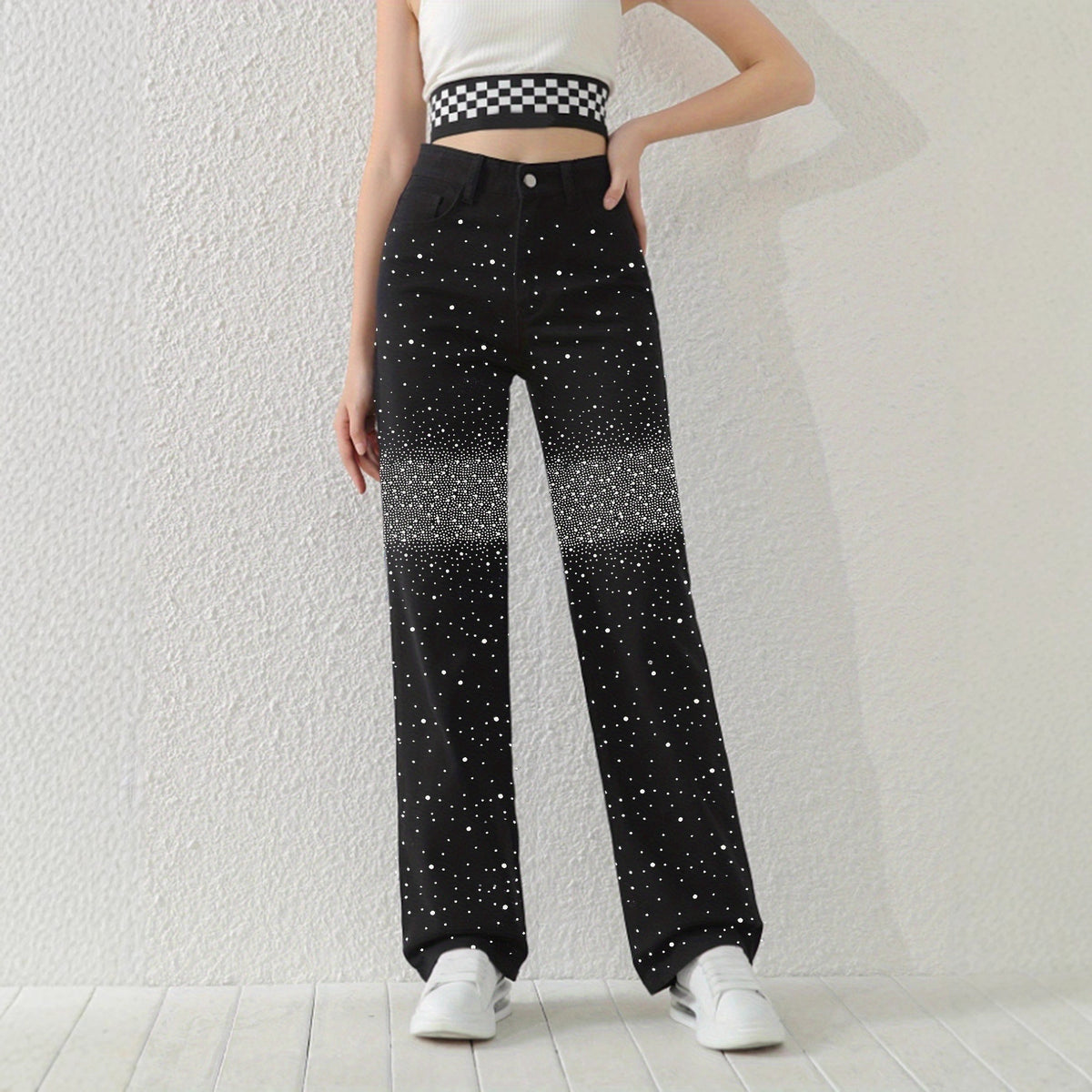 Jeans with Rhinestones Women High Waist Slimming Wide Leg Jeans  Jeans