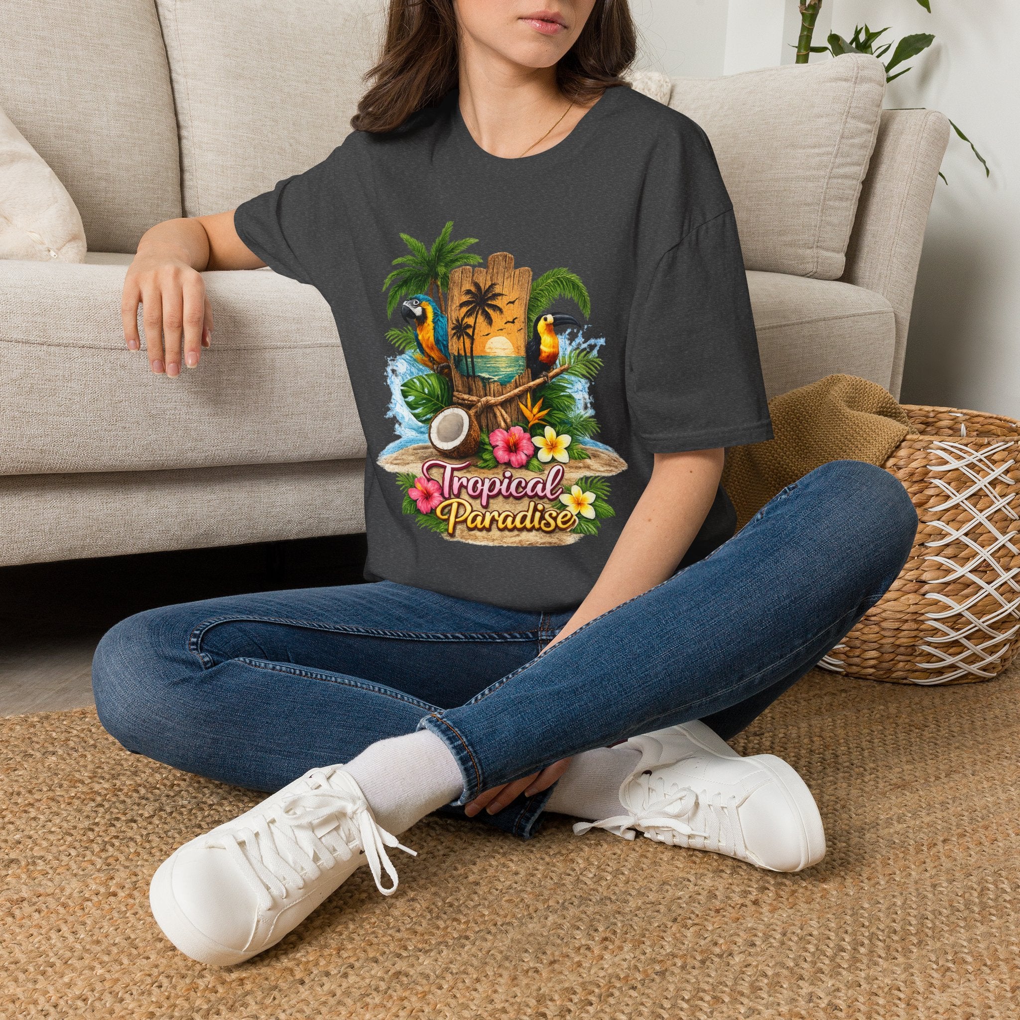 T-Shirt — Tropical Paradise Parrots Beach Graphic Tee