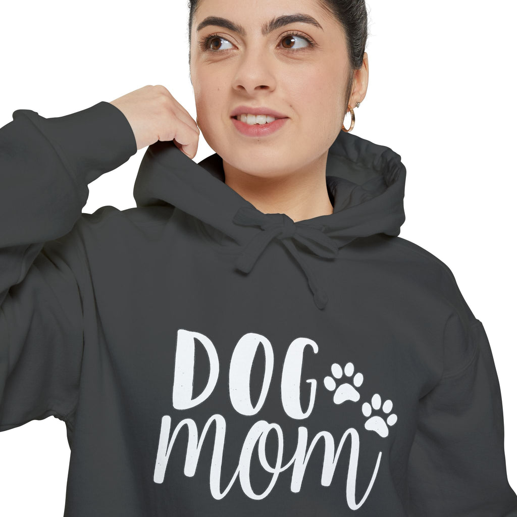 Dog Mom Hoodie — Cozy Garment-Dyed Pullover with Paw Print Script