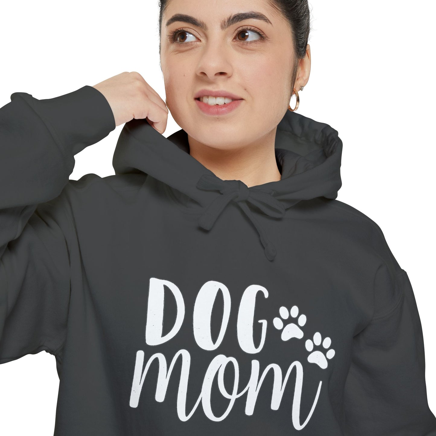 Dog Mom Hoodie — Cozy Garment-Dyed Pullover with Paw Print Script