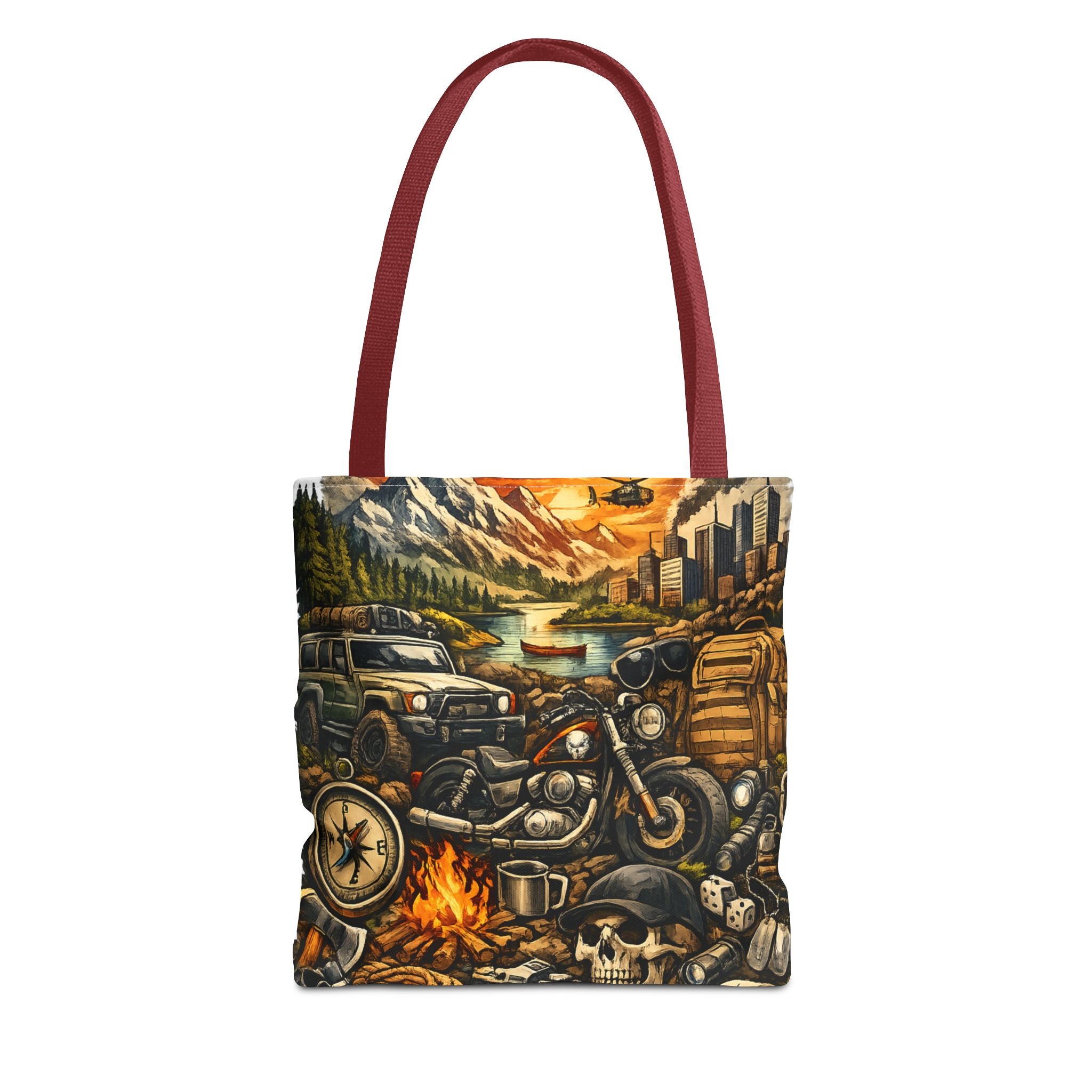 Adventure Motorcycle Tote Bag — Campfire Road Trip All-Over Print