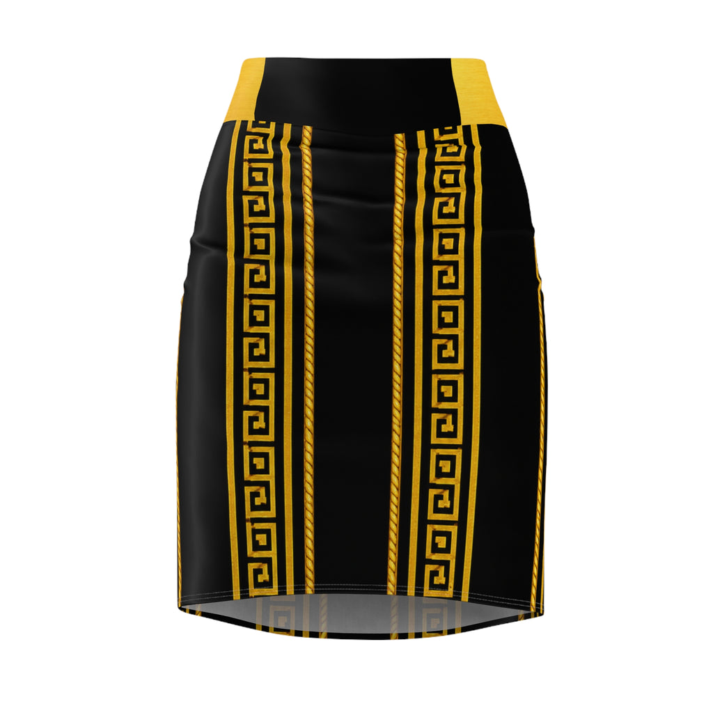 Gold Greek Key Pencil Skirt — Black & Yellow Statement Midi