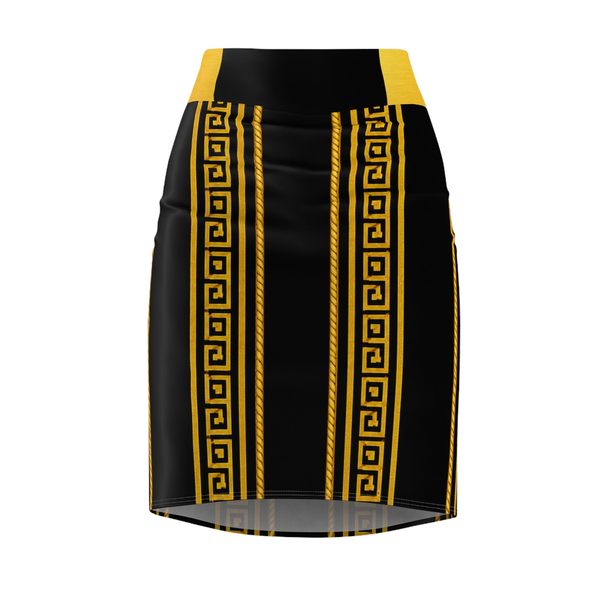 Gold Greek Key Pencil Skirt — Black & Yellow Statement Midi