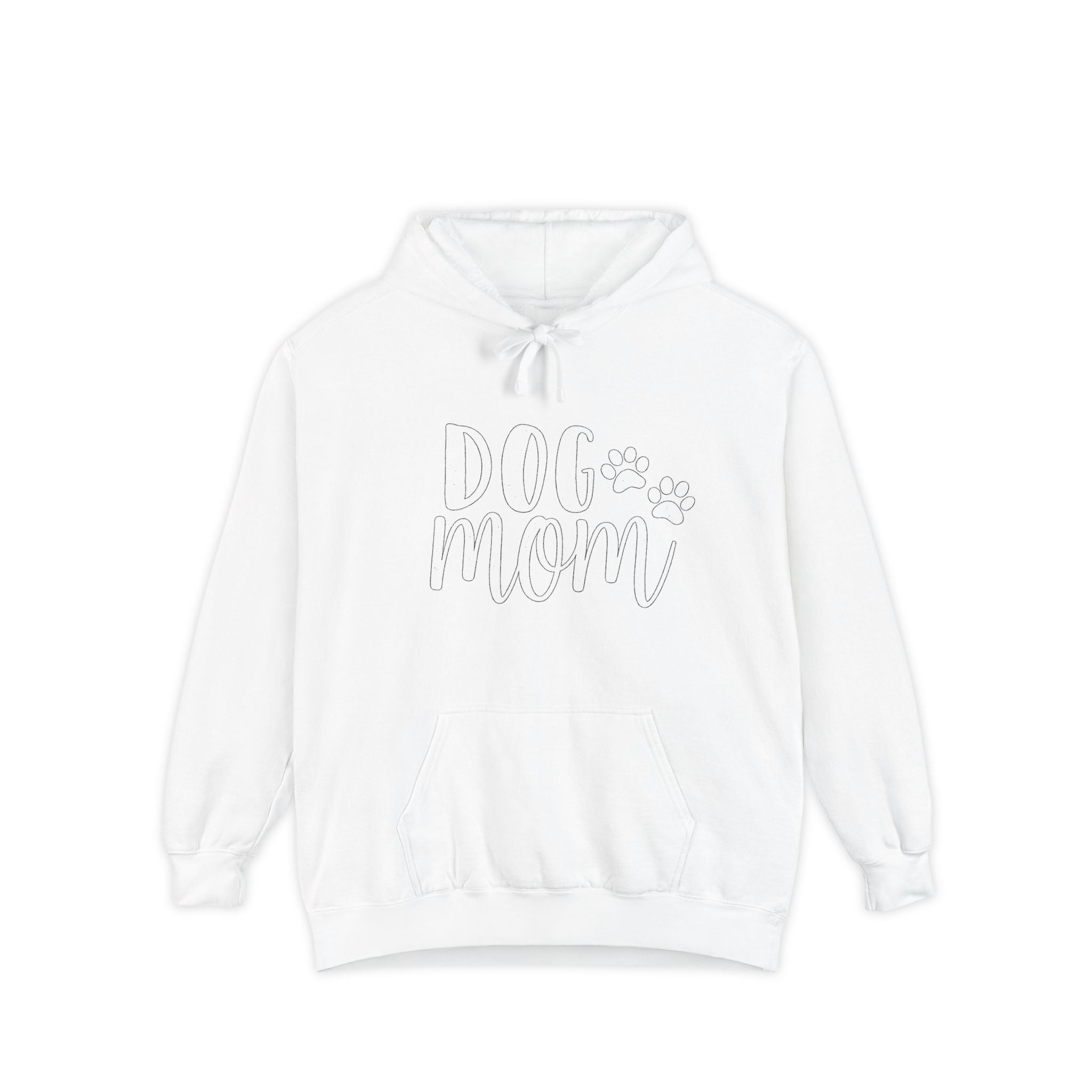 Dog Mom Hoodie — Cozy Garment-Dyed Pullover with Paw Print Script