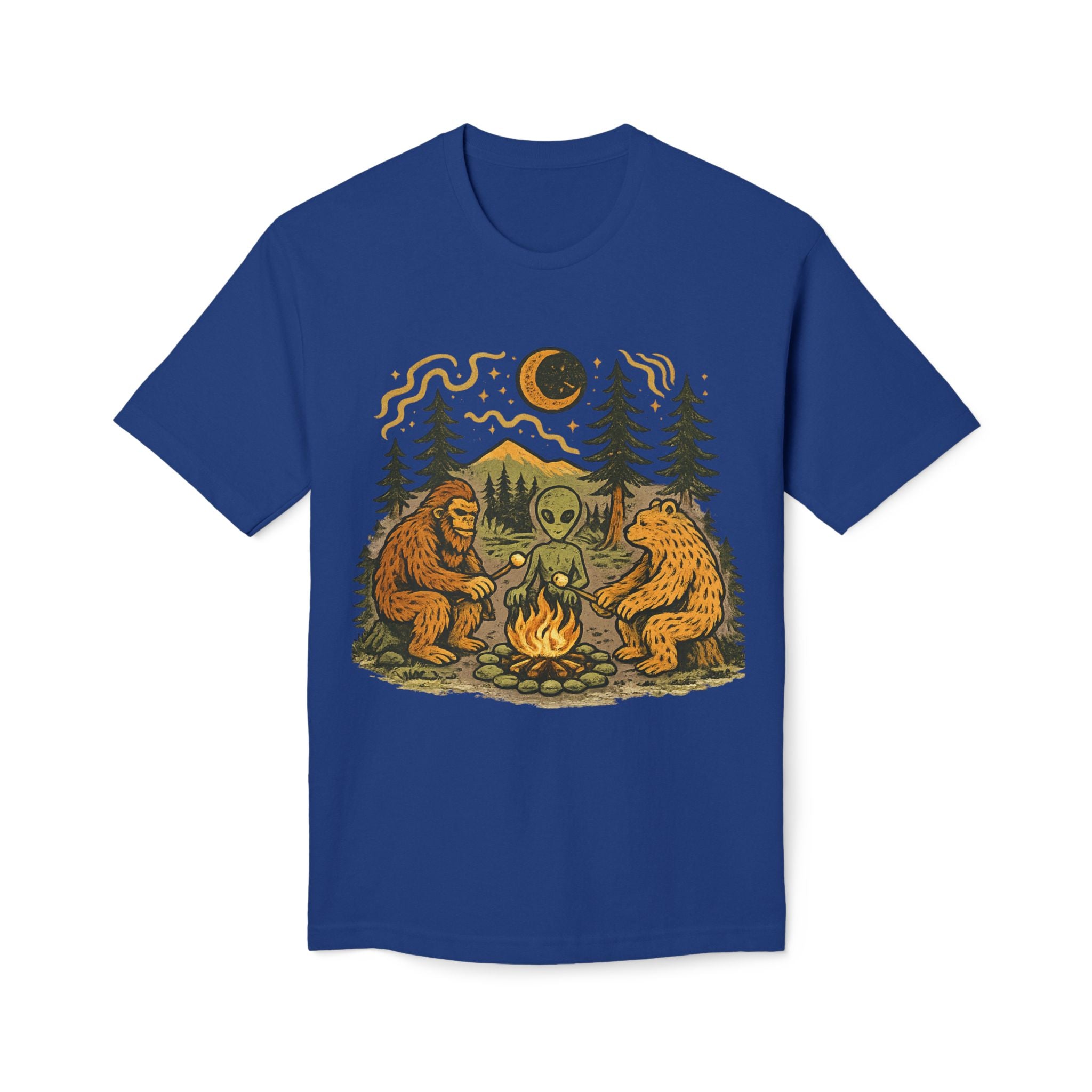 Alien Campfire Tee — Bigfoot & Bear Night Camp Graphic T-Shirt