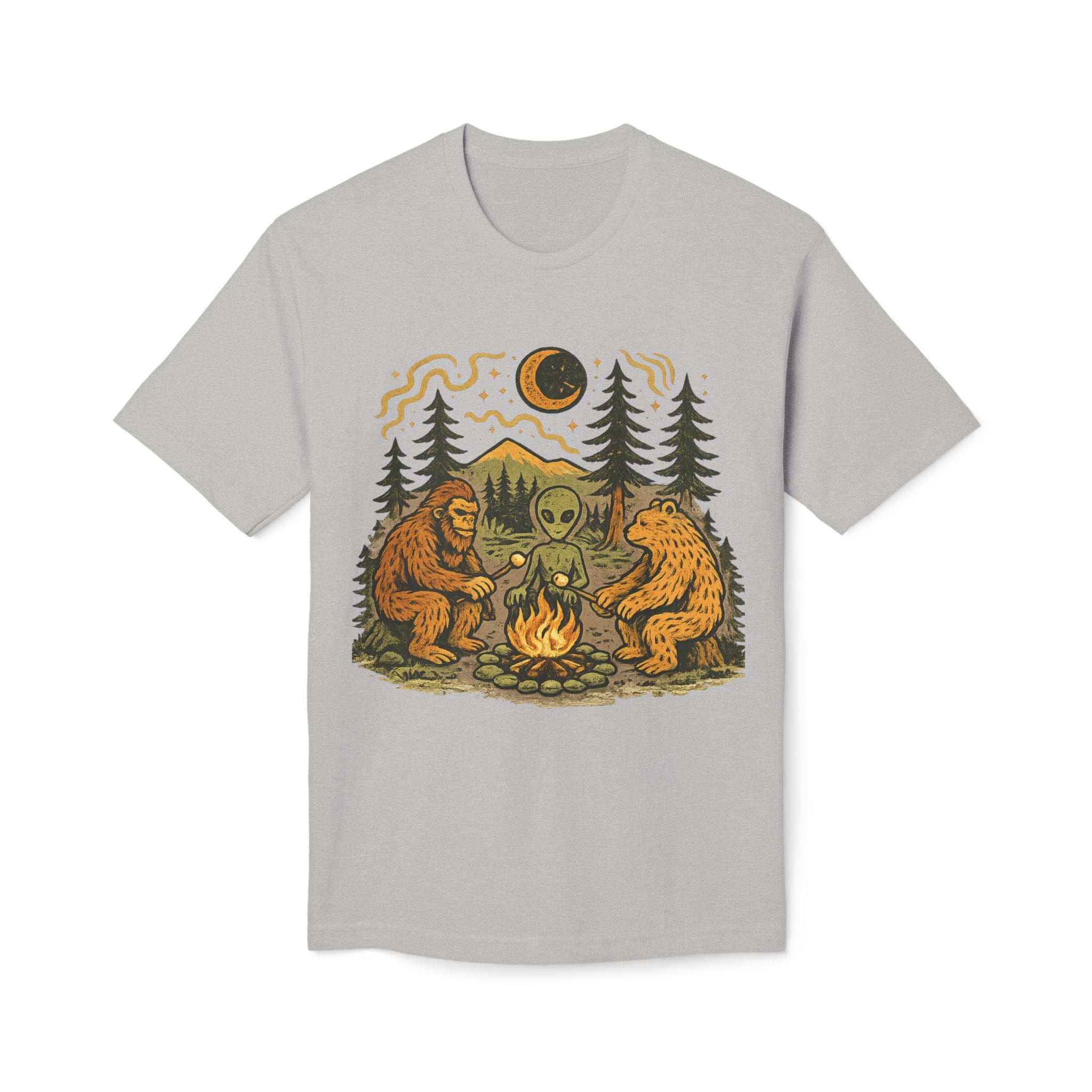 Alien Campfire Tee — Bigfoot & Bear Night Camp Graphic T-Shirt