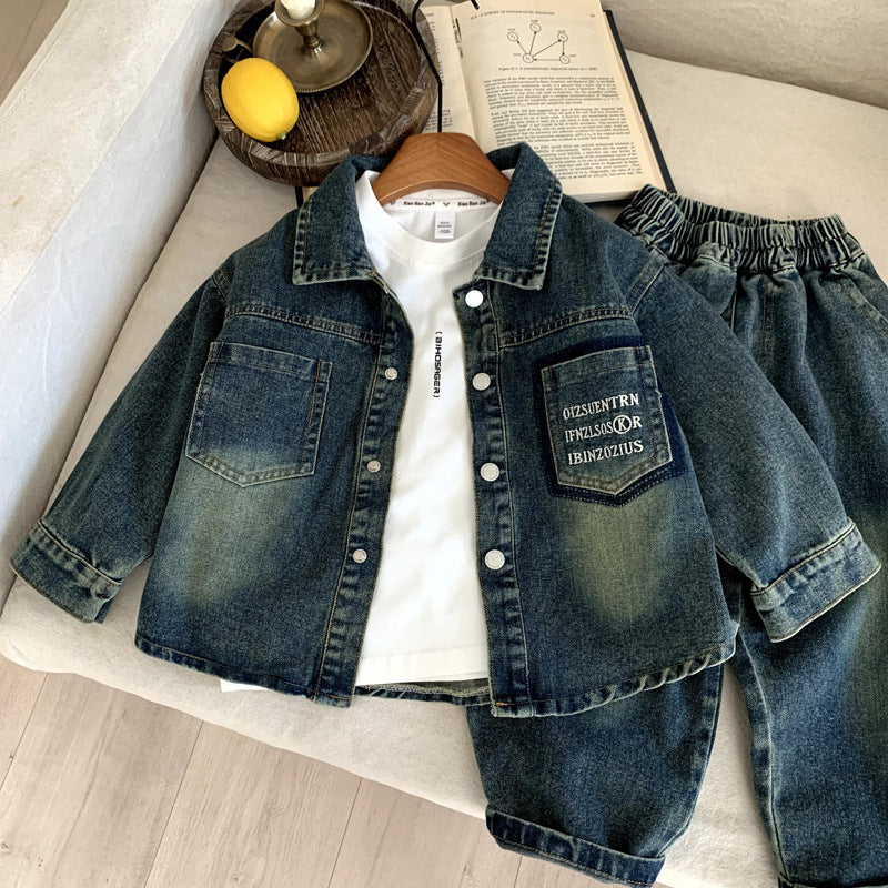 Two piece set of children's and baby's denim clothing