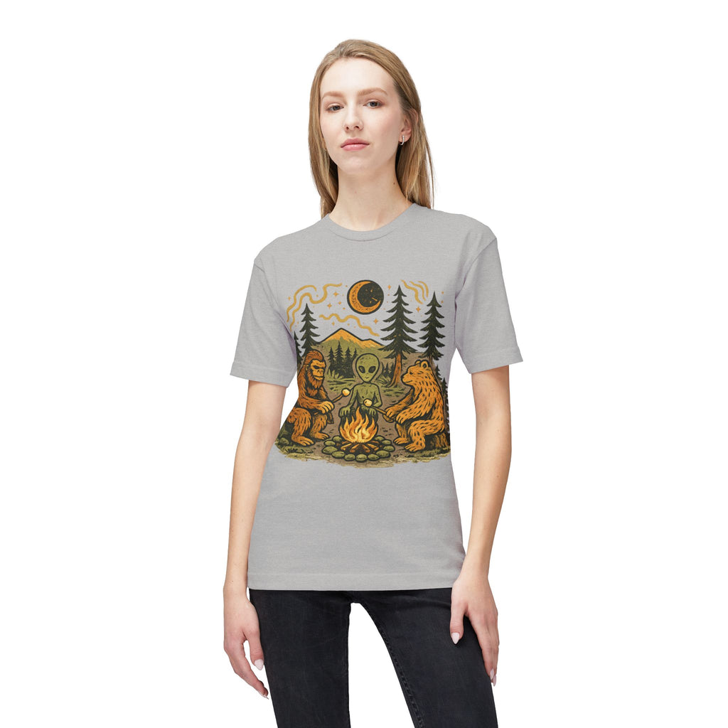 Alien Campfire Tee — Bigfoot & Bear Night Camp Graphic T-Shirt