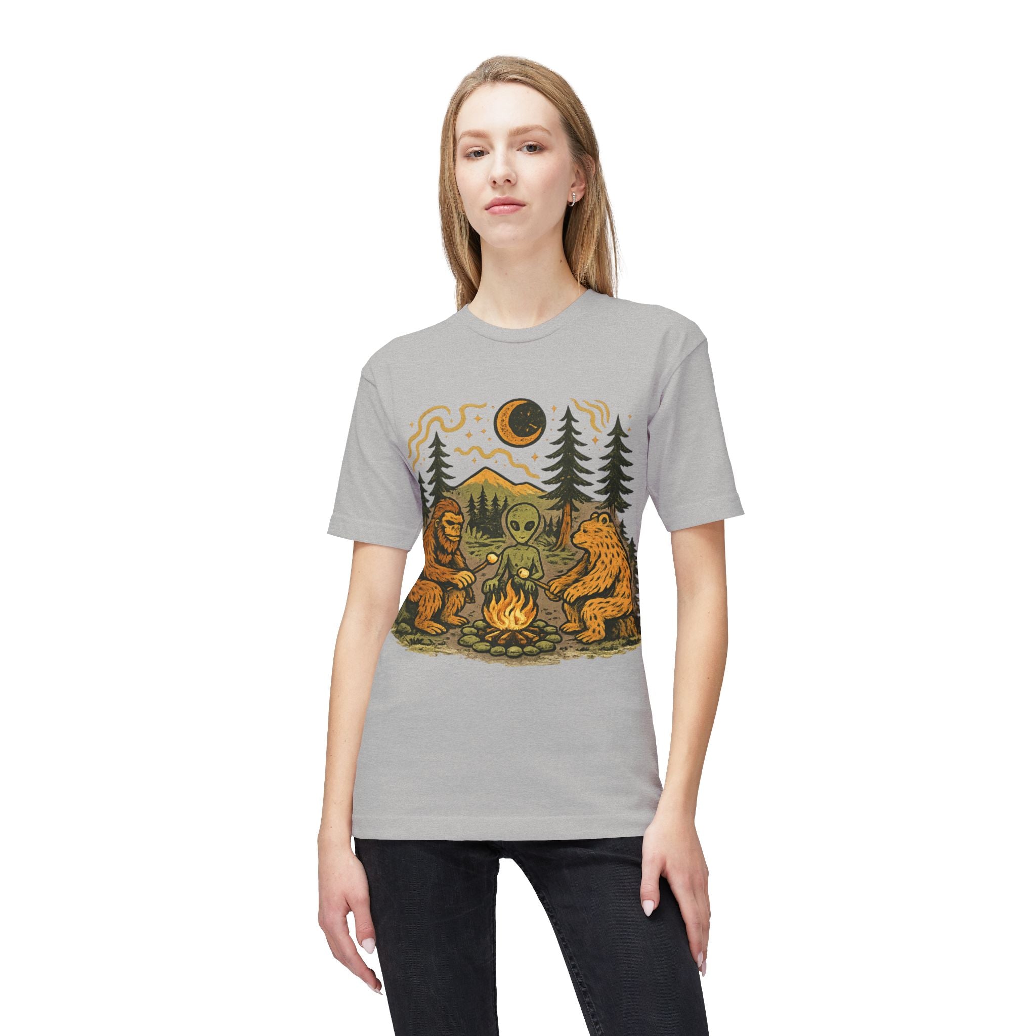 Alien Campfire Tee — Bigfoot & Bear Night Camp Graphic T-Shirt