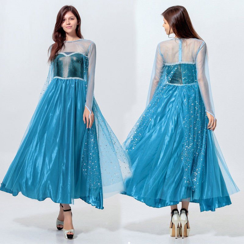 Halloween Frozen Cosplay Adult Elsa Princess Blue Dress Stage Performance Costume
