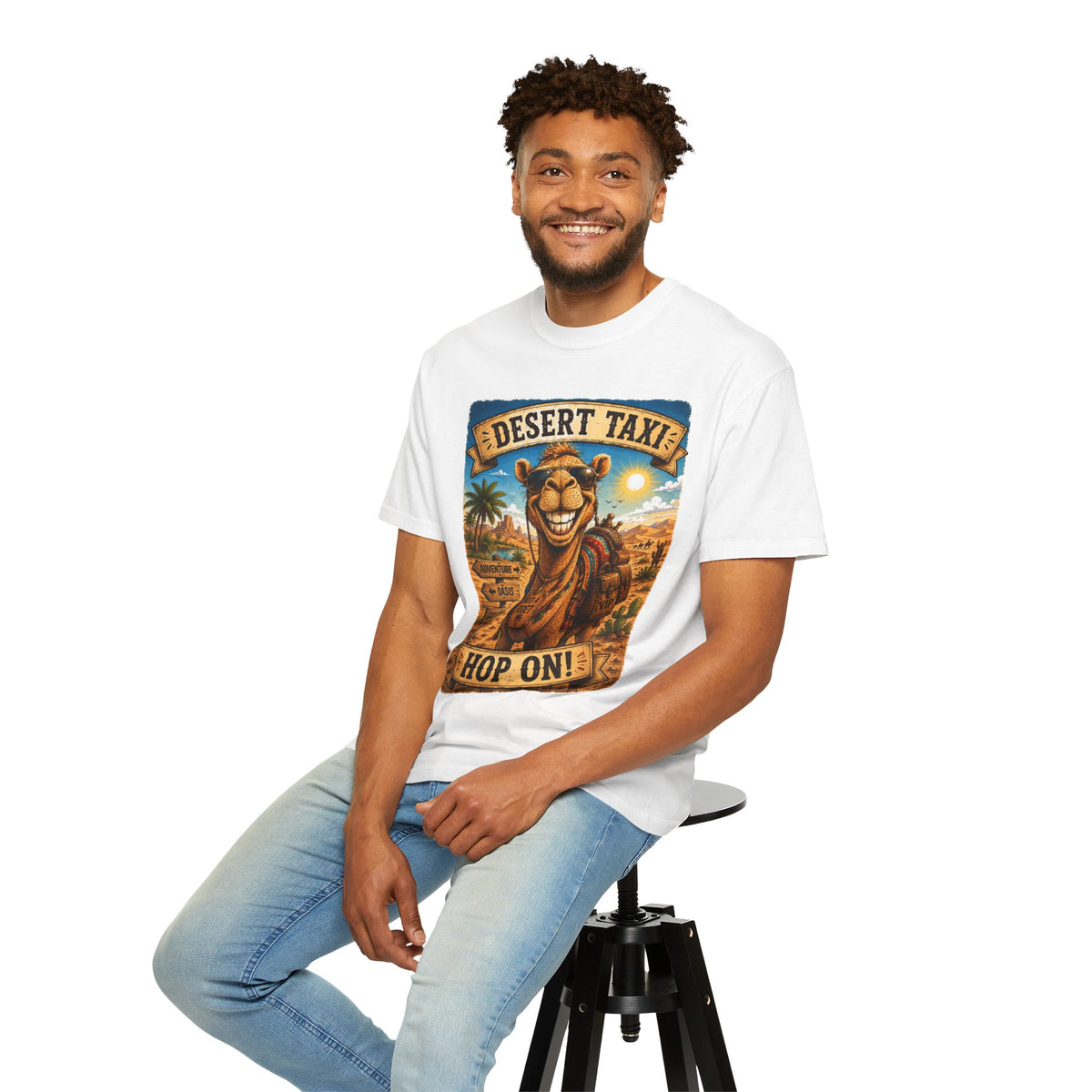 Desert Taxi Camel T-Shirt — 'Hop On!' Retro Desert Travel Tee