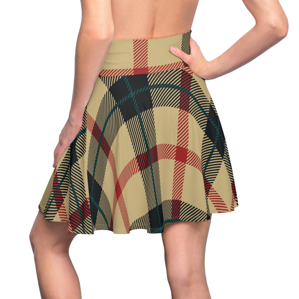 Plaid Skater Skirt — Vintage Beige & Red Tartan AOP