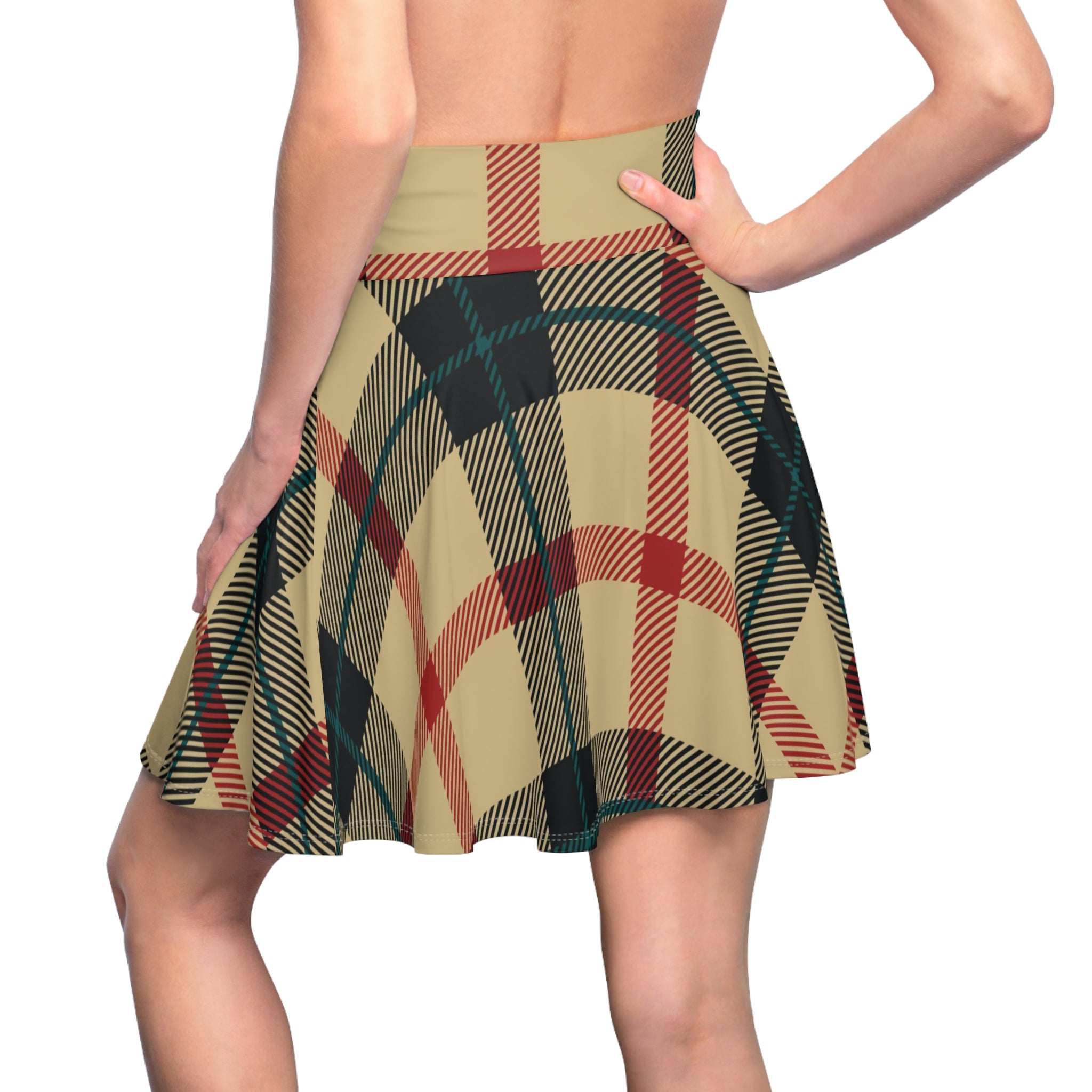 Plaid Skater Skirt — Vintage Beige & Red Tartan AOP