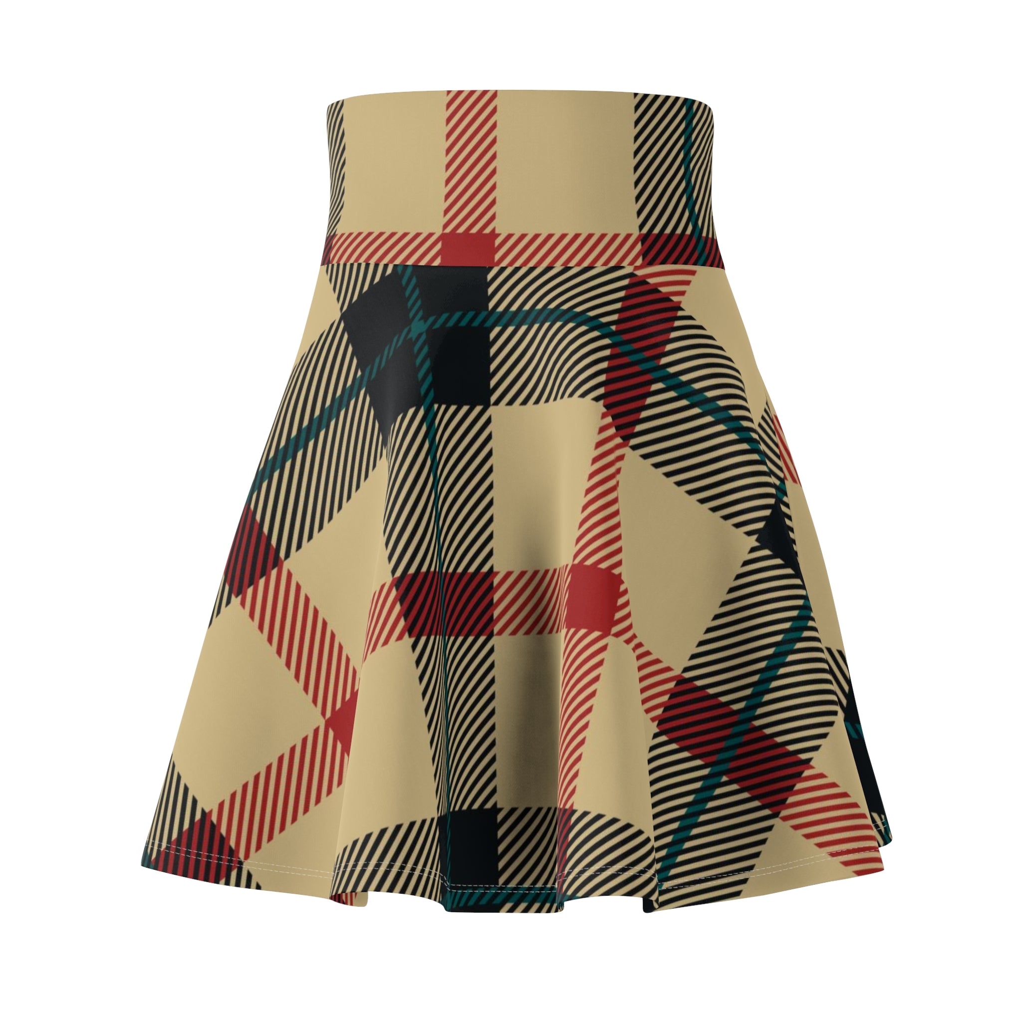 Plaid Skater Skirt — Vintage Beige & Red Tartan AOP