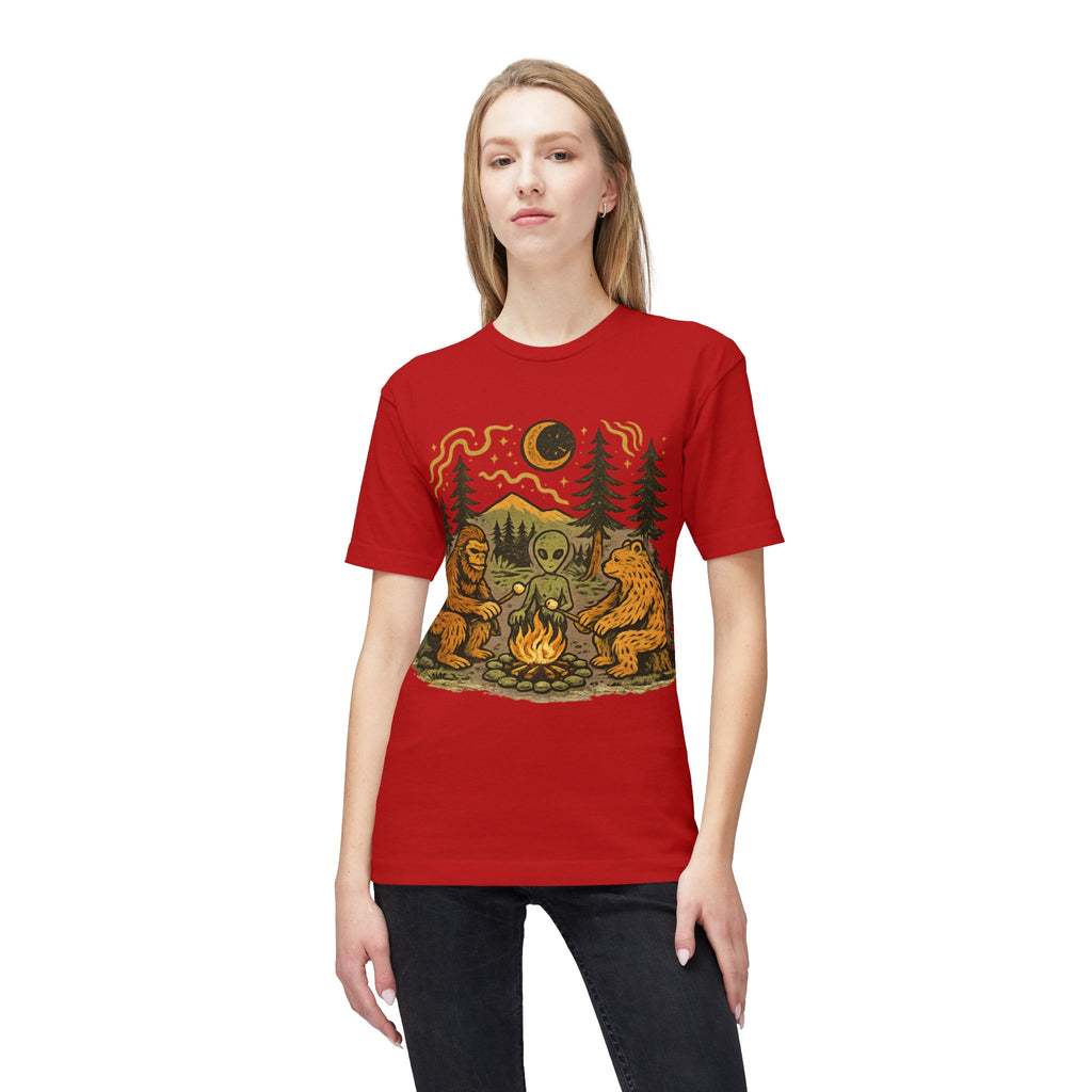Alien Campfire Tee — Bigfoot & Bear Night Camp Graphic T-Shirt