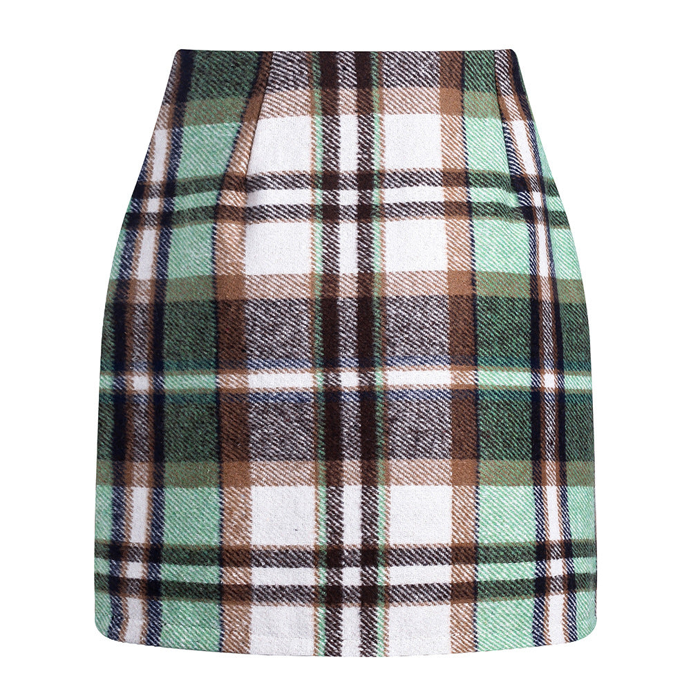 Women's high waisted plaid skirt tight pencil wool mini skirt