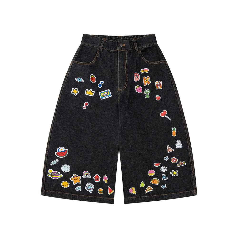 Cartoon sticker printed denim jeans for women