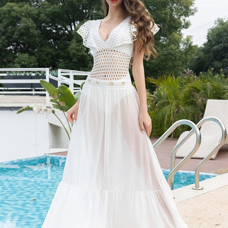 white hollow grid ruffle high-end one-piece swimsuit for women