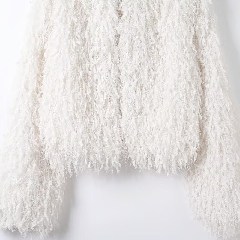 Round neck long sleeved feathered metal wire white jacket for women