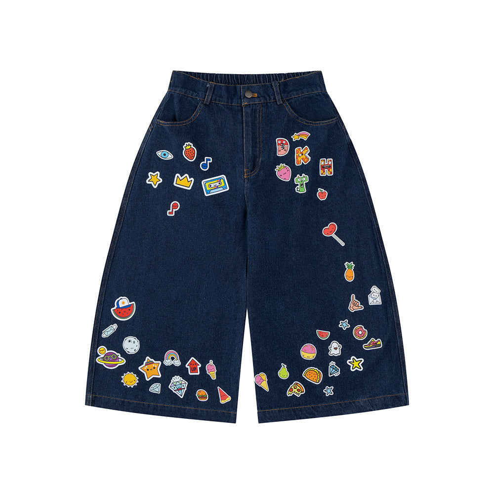 Cartoon sticker printed denim jeans for women