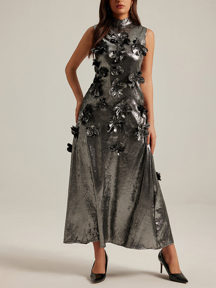 Three dimensional flower splicing sleeveless waist cinched A-line skirt long dress for women