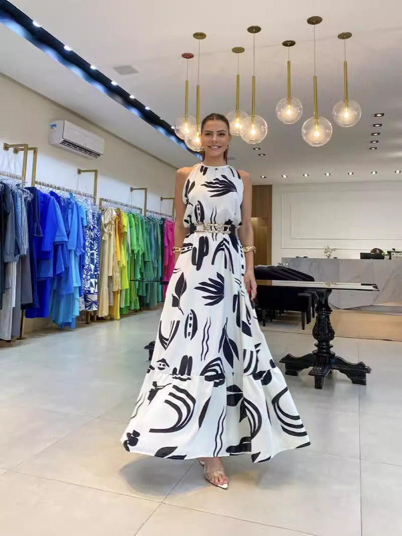 New black and white printed camisole long skirt for women