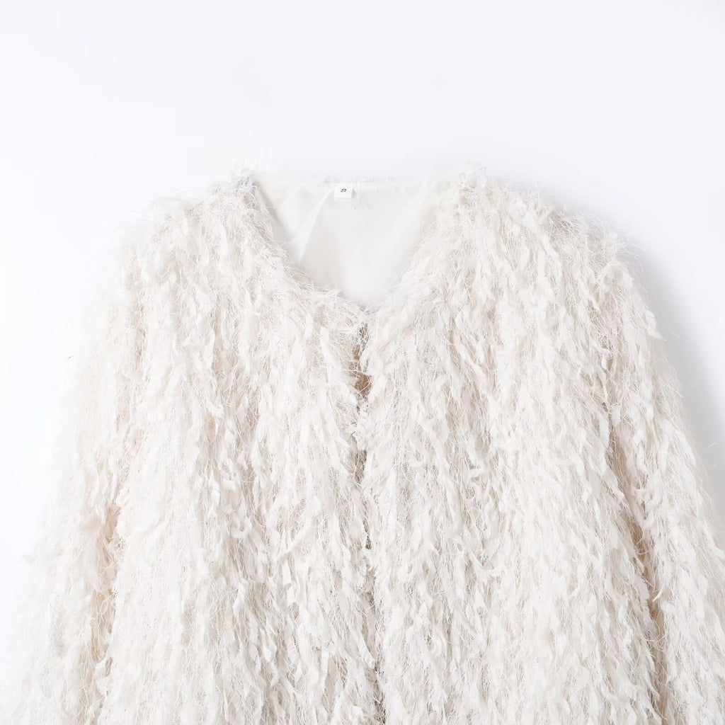 Round neck long sleeved feathered metal wire white jacket for women